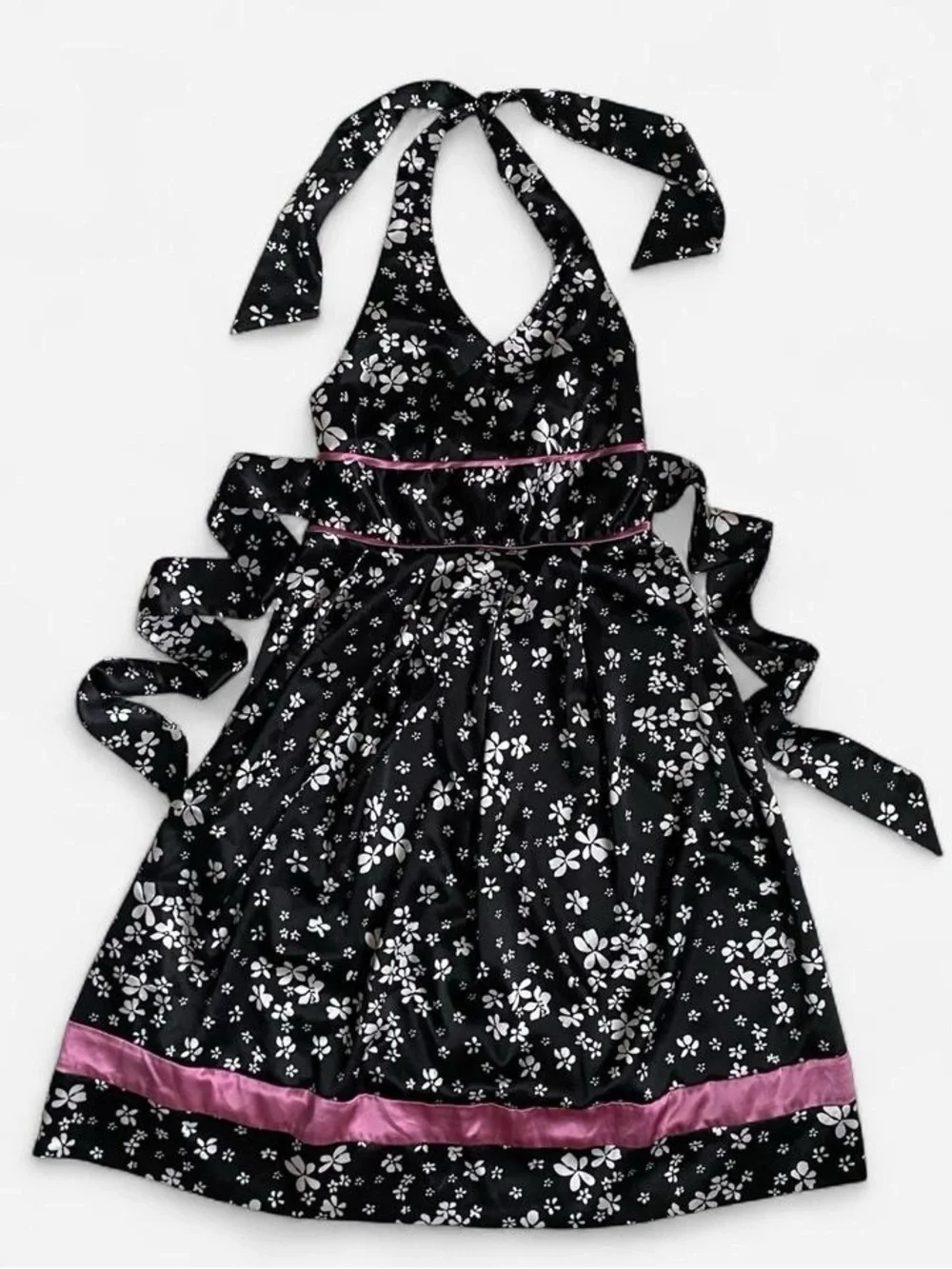 Y2k girls black floral satin halter dress